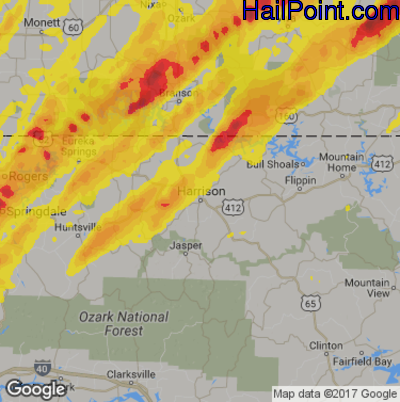 Hail Map for Harrison, AR Region on April 29, 2017