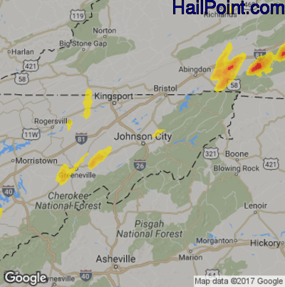 Hail Map for Johnson City, TN Region on April 29, 2017
