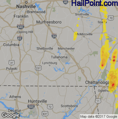 Hail Map for Tullahoma, TN Region on April 29, 2017