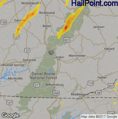 Hail Map for London, KY Region on April 29, 2017