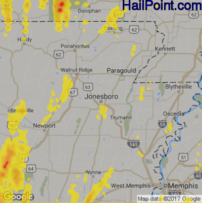 Hail Map for Jonesboro, AR Region on April 29, 2017