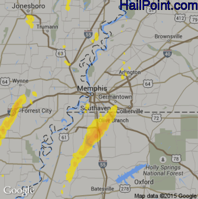 Hail Map for Memphis, TN Region on April 30, 2017