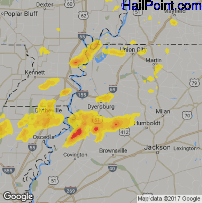 Hail Map for Dyersburg, TN Region on May 11, 2017