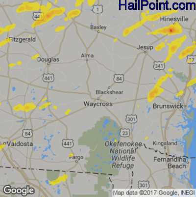Hail Map for Waycross, GA Region on May 13, 2017