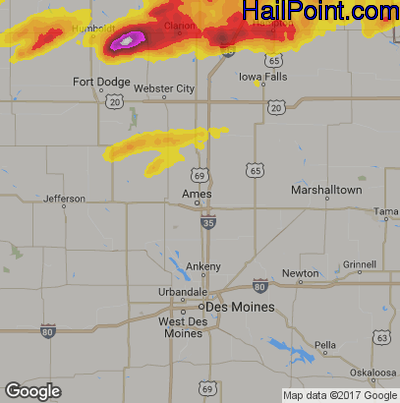 Hail Map for Ames, IA Region on May 15, 2017
