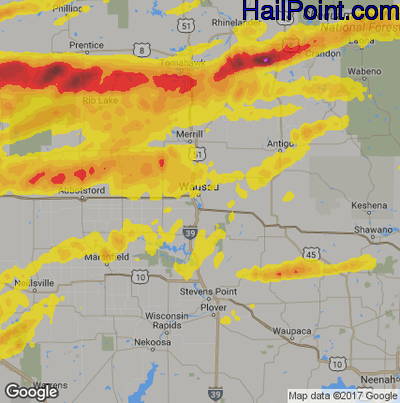 Hail Map for Wausau, WI Region on May 16, 2017