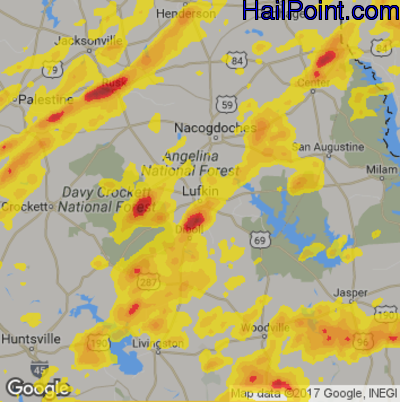 Hail Map for Lufkin, TX Region on May 20, 2017