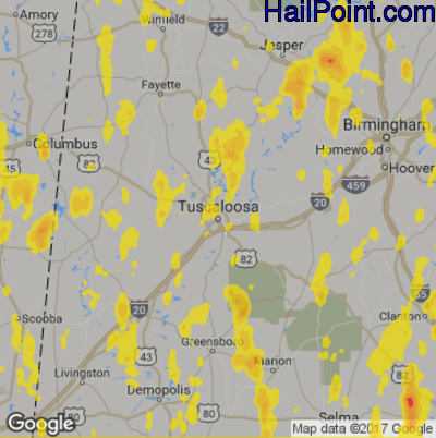 Hail Map for Tuscaloosa, AL Region on May 20, 2017