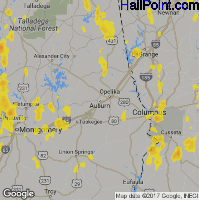 Hail Map for Auburn, AL Region on May 20, 2017