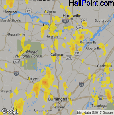 Hail Map for Cullman, AL Region on May 20, 2017 