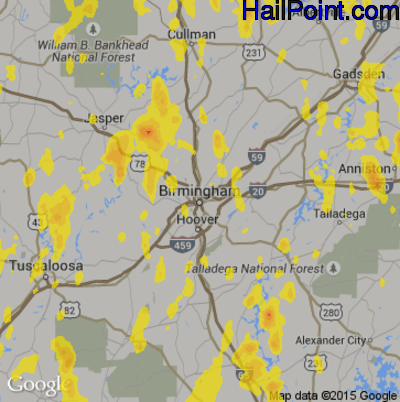 Hail Map for Birmingham, AL Region on May 20, 2017