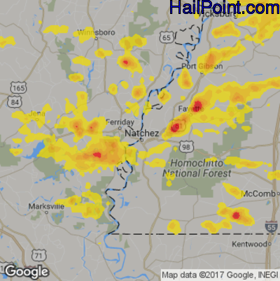Hail Map for Natchez, MS Region on May 21, 2017 