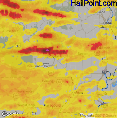 Hail Map for Poplar Bluff, MO Region on May 27, 2017