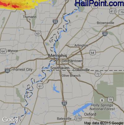 Hail Map for Memphis, TN Region on May 27, 2017