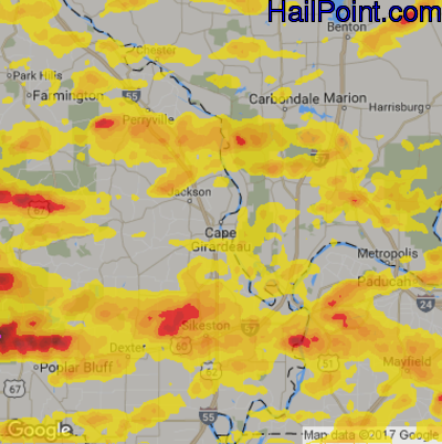 Hail Map for Cape Girardeau, MO Region on May 27, 2017