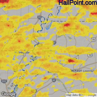 Hail Map for Dyersburg, TN Region on May 27, 2017