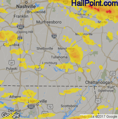 Hail Map for Tullahoma, TN Region on May 27, 2017 