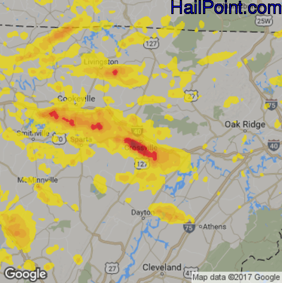 Hail Map for Crossville, TN Region on May 27, 2017