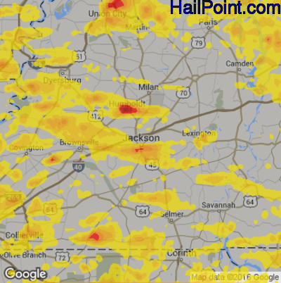 Hail Map for Jackson, TN Region on May 27, 2017