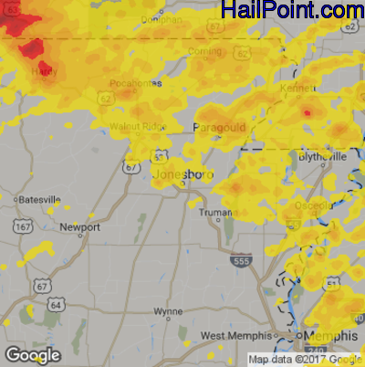 Hail Map for Jonesboro, AR Region on May 28, 2017