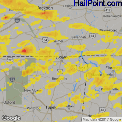 Hail Map for Corinth, MS Region on May 28, 2017 