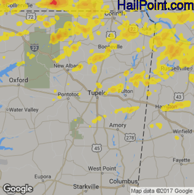 Hail Map for Tupelo, MS Region on May 28, 2017 