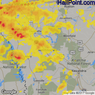Hail Map for Nachitoches, LA Region on May 28, 2017