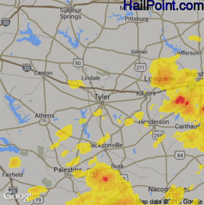 Hail Map for Tyler, TX Region on May 28, 2017