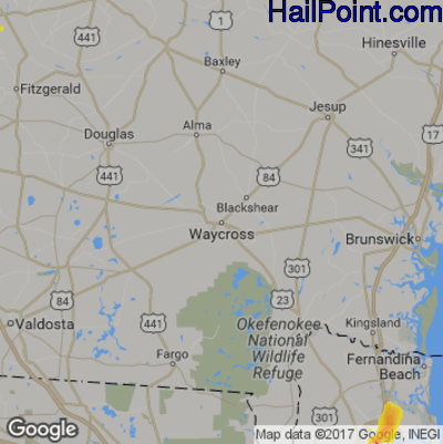 Hail Map for Waycross, GA Region on June 1, 2017