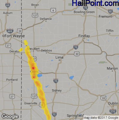 Hail Map for Lima, OH Region on June 5, 2017 