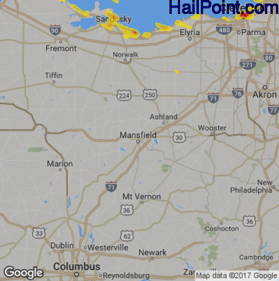 Hail Map for Mansfield, OH Region on June 9, 2017