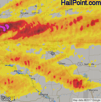 Hail Map for Eau Claire, WI Region on June 11, 2017
