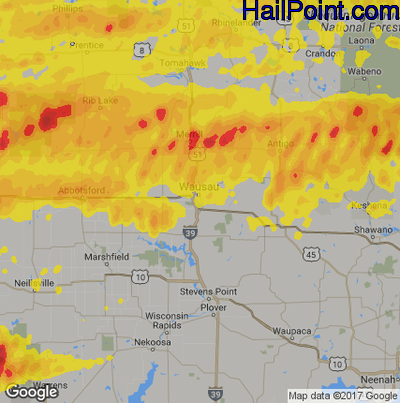 Hail Map for Wausau, WI Region on June 11, 2017
