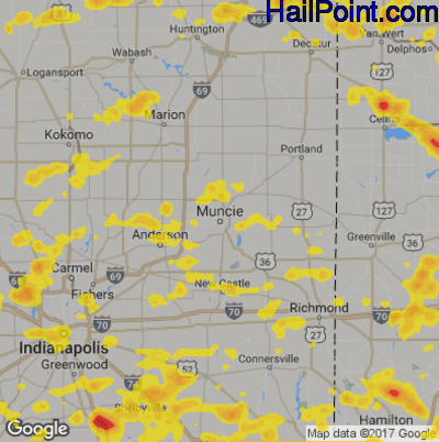 Hail Map for Muncie, IN Region on June 13, 2017