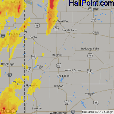 Hail Map for Marshall, MN Region on June 13, 2017