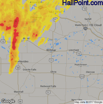 Hail Map for Willmar, MN Region on June 13, 2017