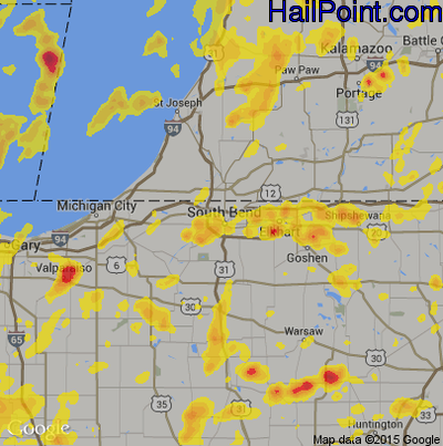 Hail Map for South Bend, IN Region on June 13, 2017