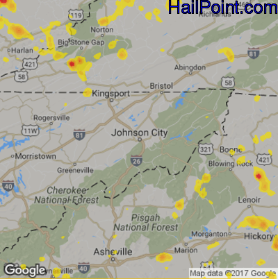 Hail Map for Johnson City, TN Region on June 13, 2017
