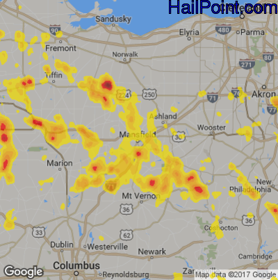 Hail Map for Mansfield, OH Region on June 13, 2017