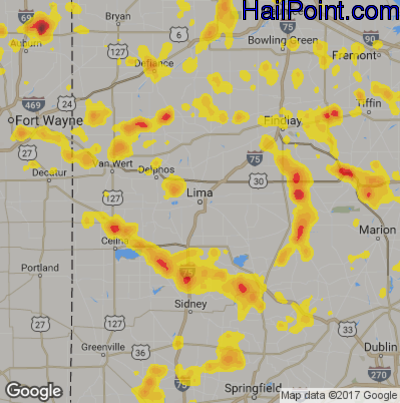 Hail Map for Lima, OH Region on June 13, 2017
