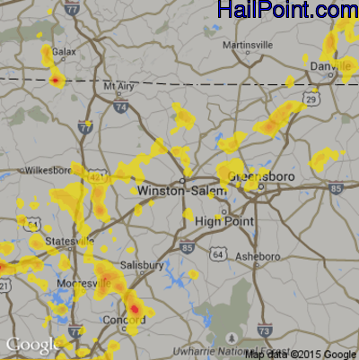 Hail Map for Winston-Salem, NC Region on June 13, 2017