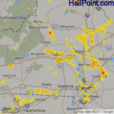 Hail Map for Hickory, NC Region on June 13, 2017 