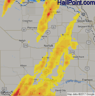 Hail Map for Norfolk, NE Region on June 13, 2017