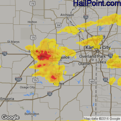 Hail Map for Lawerence, KS Region on June 15, 2017