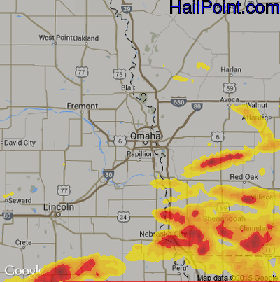 Hail Map for Omaha, NE Region on June 15, 2017