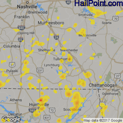 Hail Map for Tullahoma, TN Region on June 15, 2017