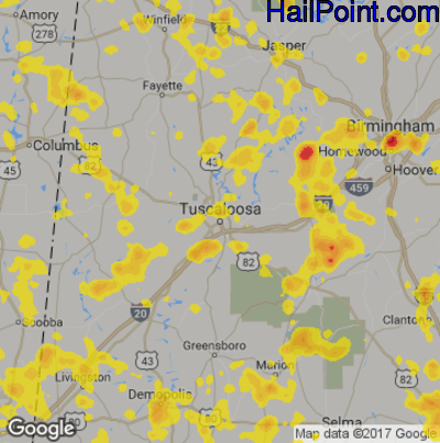 Hail Map for Tuscaloosa, AL Region on June 15, 2017