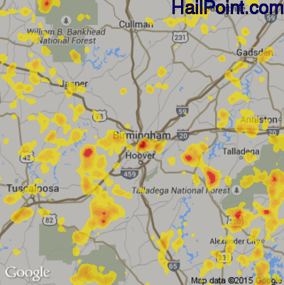 Hail Map for Birmingham, AL Region on June 15, 2017
