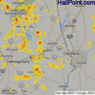 Hail Map for Auburn, AL Region on June 15, 2017