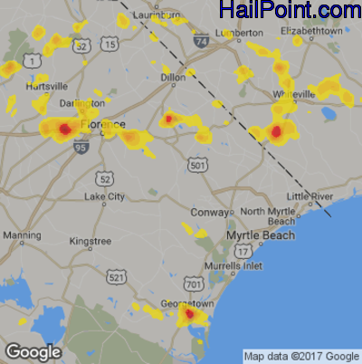 Hail Map for Myrtle Beach, SC Region on June 15, 2017